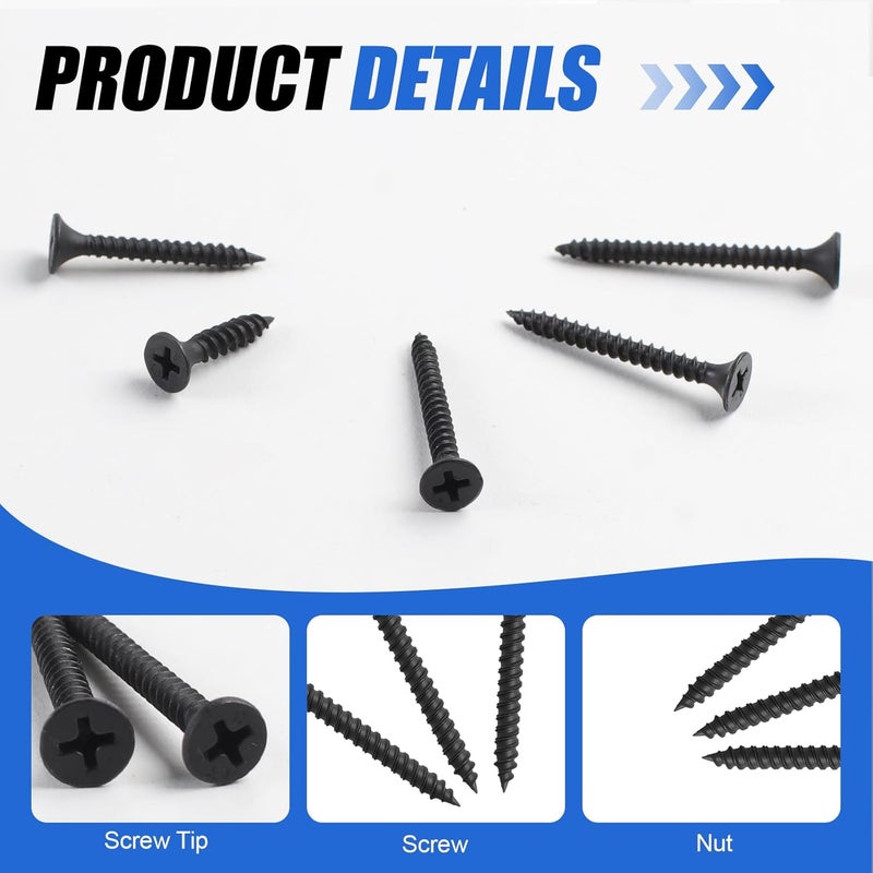 TBUKEOM Screws Assortment Kit, 224 PCS, High Hardness Phillips Drive Screws Set, Coarse Thread, Black Flat Head Wood Screws, Carbon Steel, Self-Tapping Screws for Wood, 8 Sizes - Image 4
